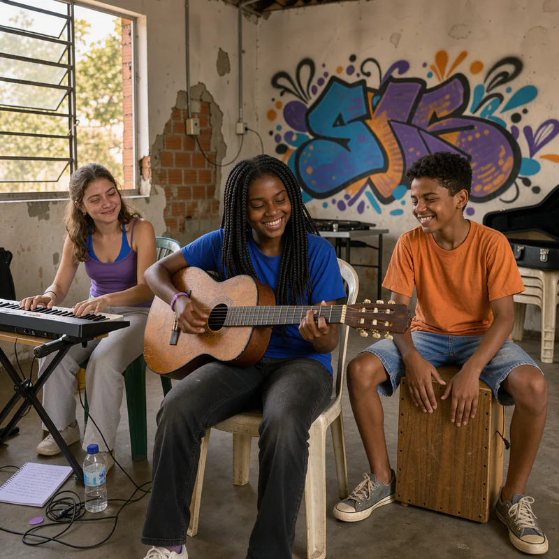 Jovens tocam violão, teclado e cajón em uma oficina de música