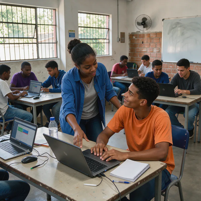 Instrutora ajuda um aluno em um curso de tecnologia