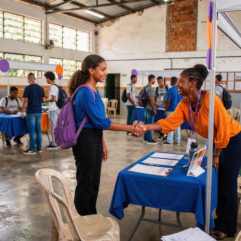 Jovem cumprimenta um recrutador em uma feira de oportunidades