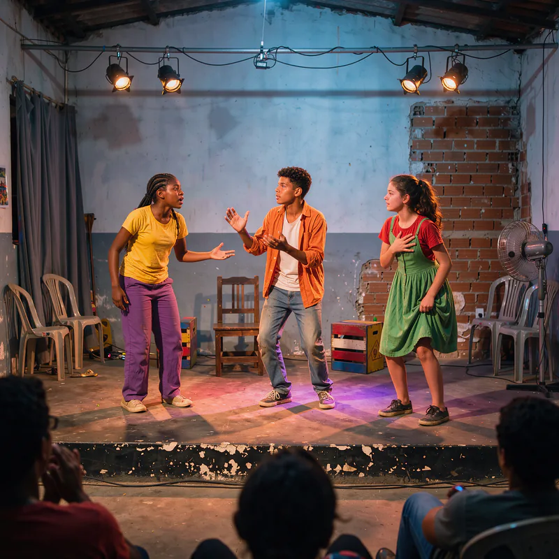 Adolescentes se apresentam em um palco comunitário