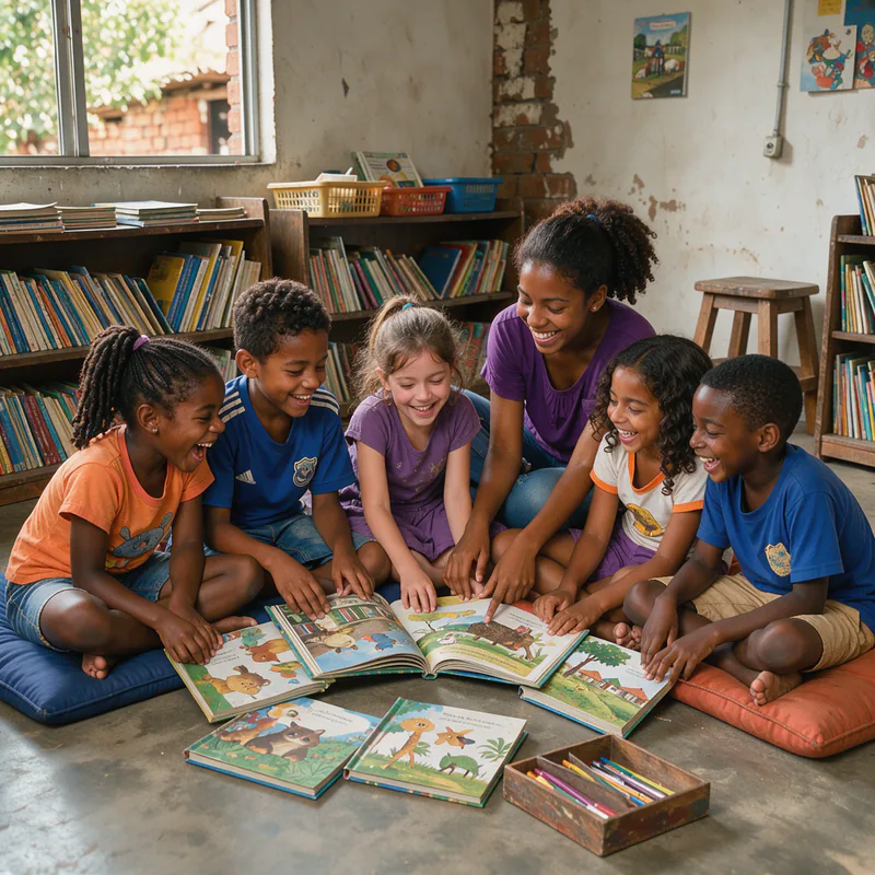 Crianças leem livros ilustrados com uma educadora em uma biblioteca comunitária
