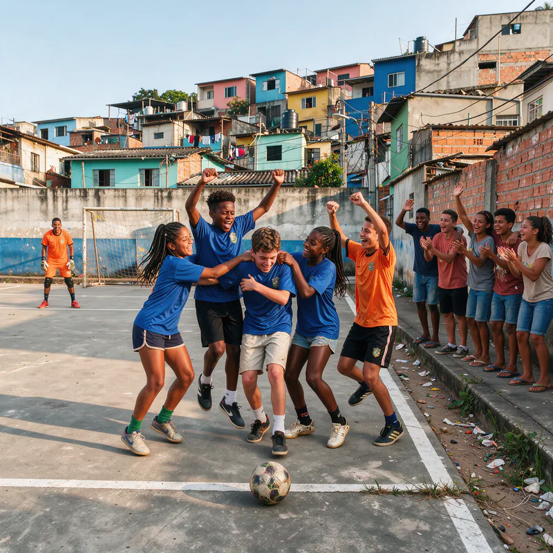 Jovens comemoram um gol em uma quadra cercada de casas coloridas