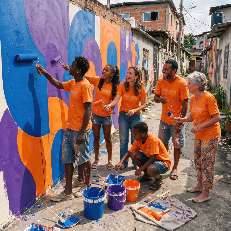 Voluntários pintam um mural colorido em um muro da comunidade