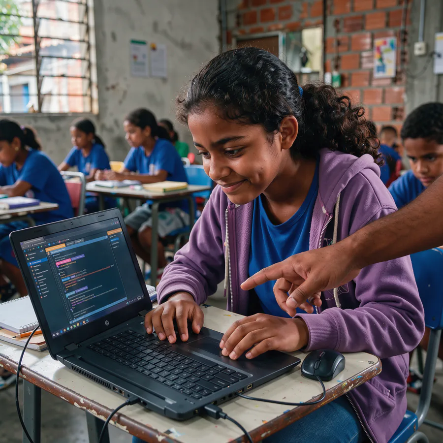 Jovem sorri enquanto aprende programação em um curso de qualificação