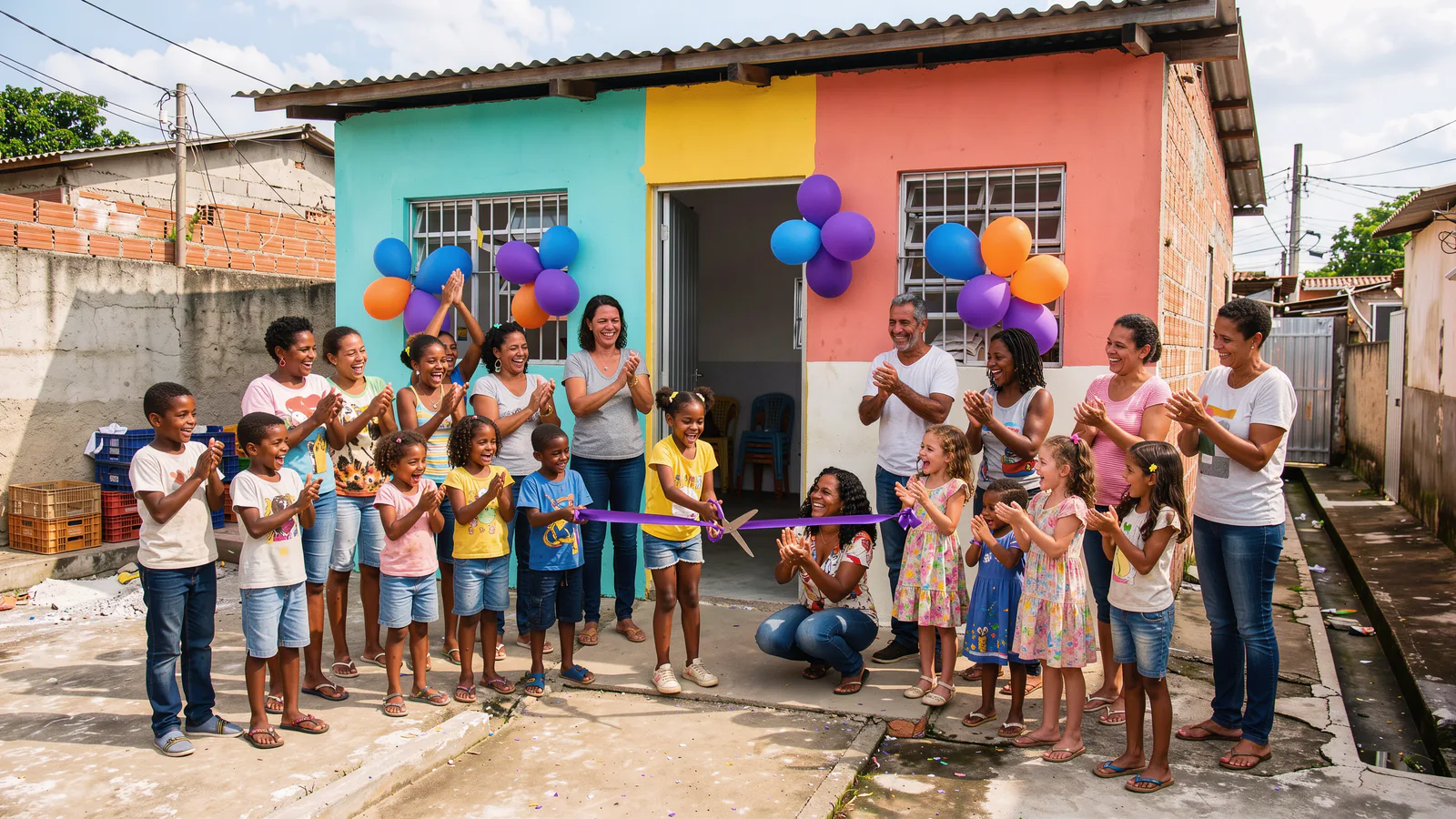 Crianças e educadores comemoram a inauguração de um novo espaço de educação